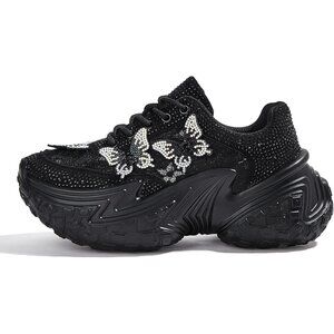 ✨Women Black Chunky Sneakers Fashion Sparkly Butterfly Lace Casual Shiny Shoes